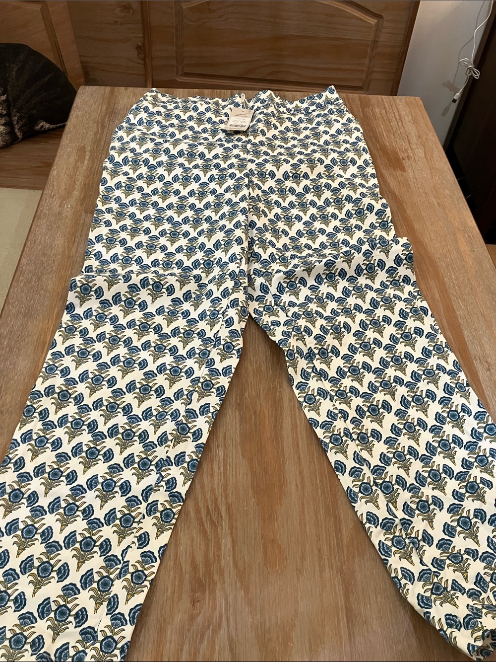 Boden White Straight-Leg Pants with Blue Floral Print